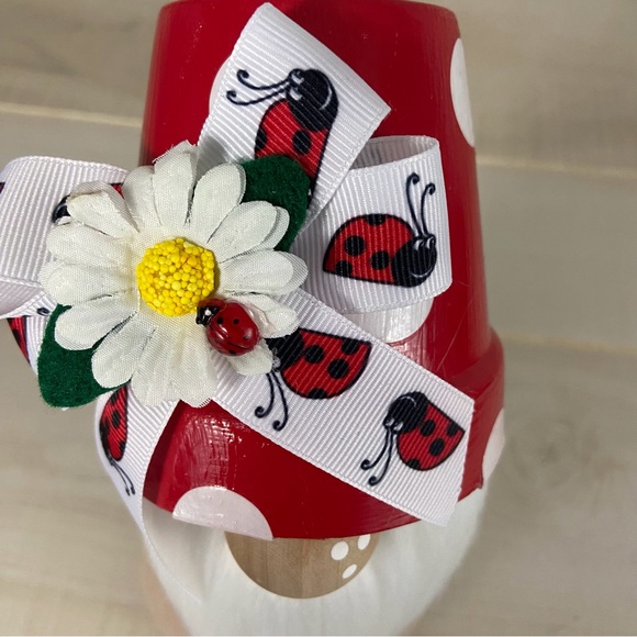 Mushroom Gnome Ladybug Bow Daisy Whimsical Red Tan Flannel White Faux Fur Decor - Picture 11 of 11